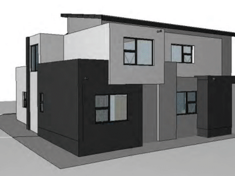 A 3D architectural render showing the modern exterior facade of a two-story residential property with clean lines and contemporary design.