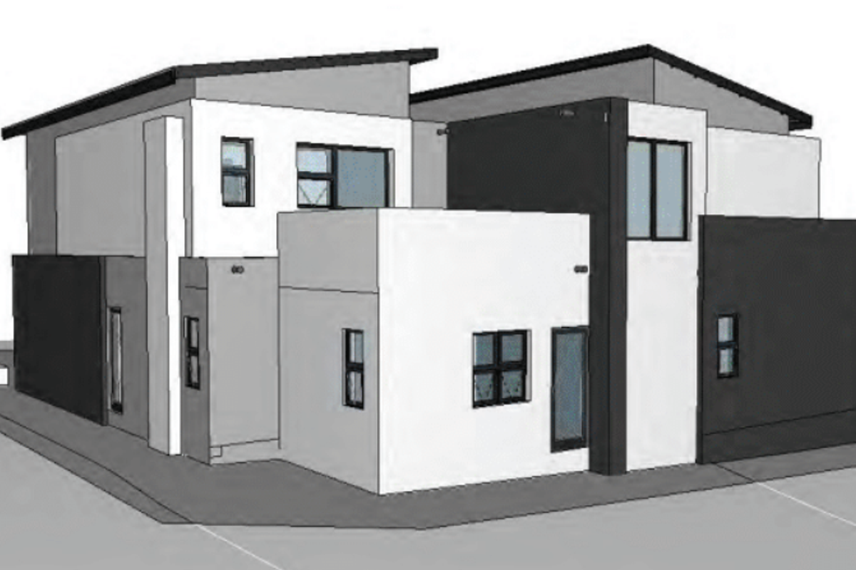A 3D architectural render of a modern two-story residential property featuring a contemporary design with a skillion roof and contrasting exterior finishes.