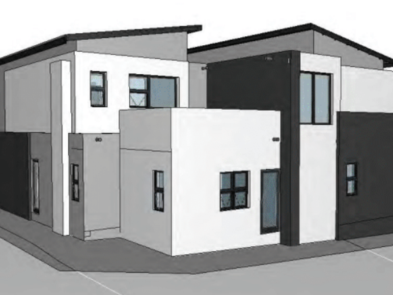A 3D architectural render of a modern two-story residential property featuring a contemporary design with a skillion roof and contrasting exterior finishes.