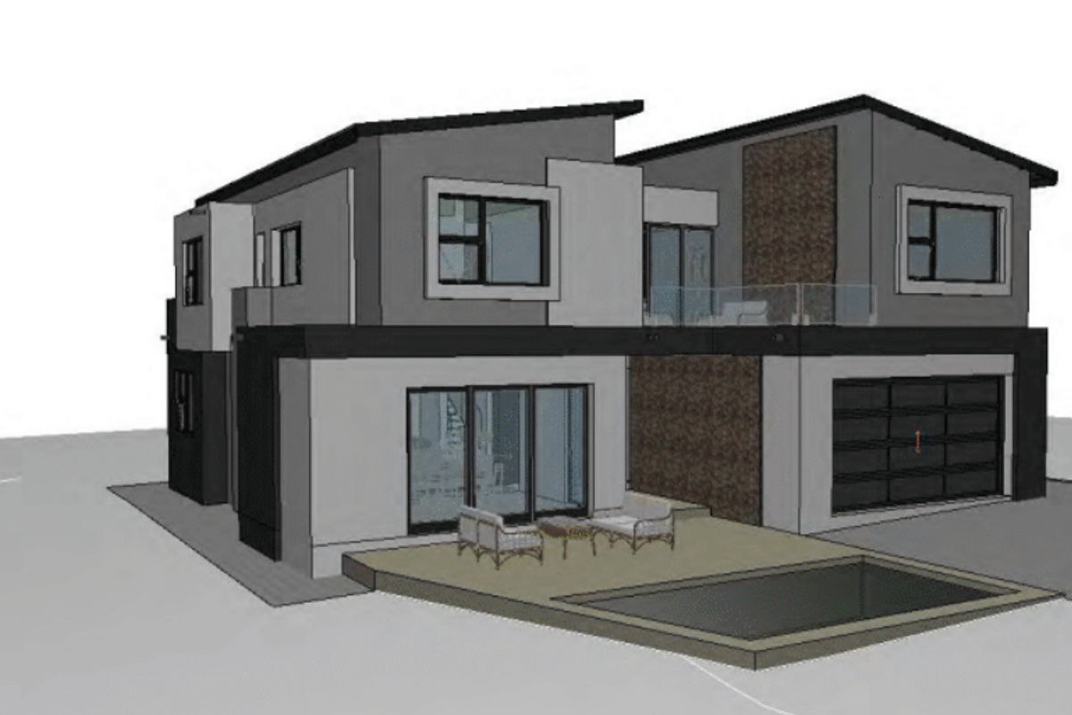 A 3D architectural render of a modern double-story house featuring a swimming pool, patio, and integrated garage.