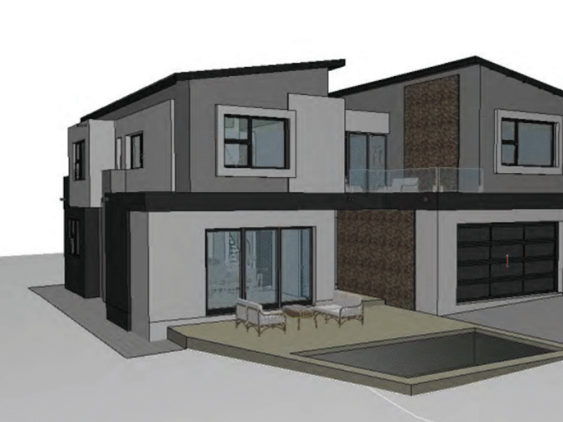 A 3D architectural render of a modern double-story house featuring a swimming pool, patio, and integrated garage.