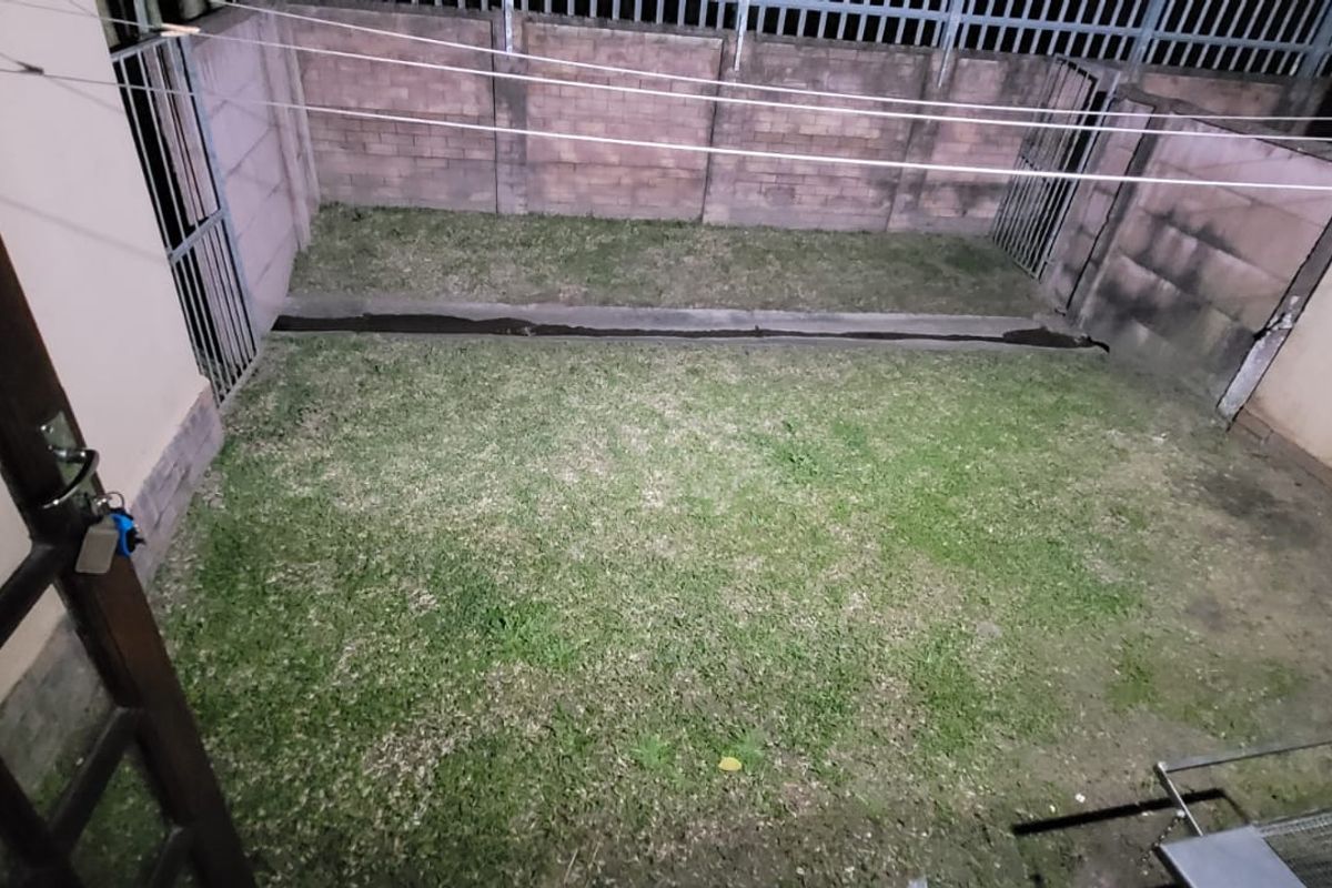 A private rear courtyard area featuring a lawn, brick boundary walls, and metal security fencing, viewed from the interior doorway.