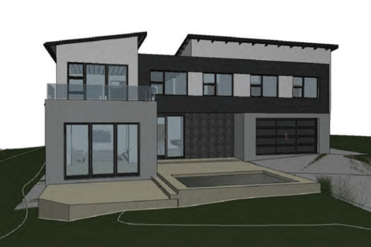 A 3D architectural render of a modern two-story house featuring a balcony, sliding glass doors, a garage, and a small plunge pool.