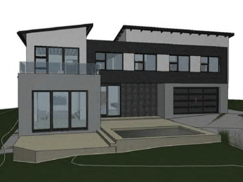 A 3D architectural render of a modern two-story house featuring a balcony, sliding glass doors, a garage, and a small plunge pool.