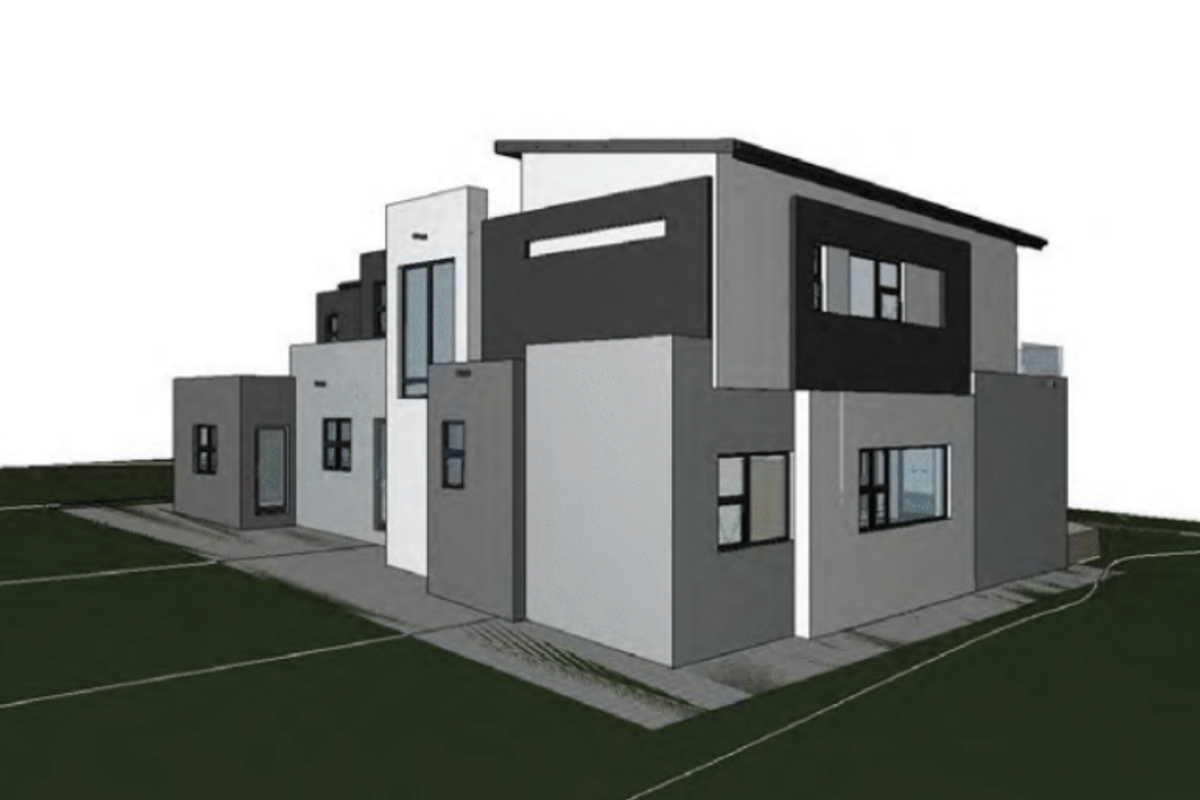 A 3D architectural render showing the exterior design of a modern multi-level residential property.
