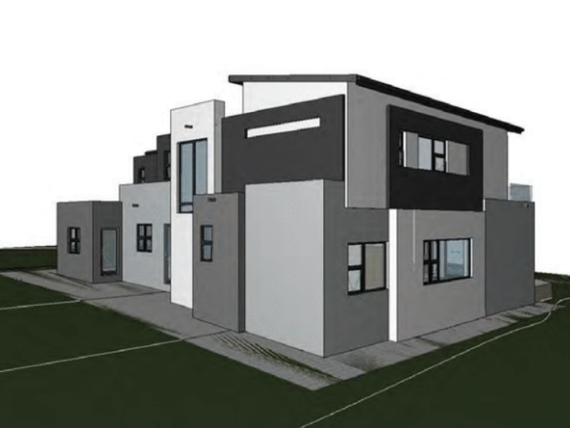 A 3D architectural render showing the exterior design of a modern multi-level residential property.