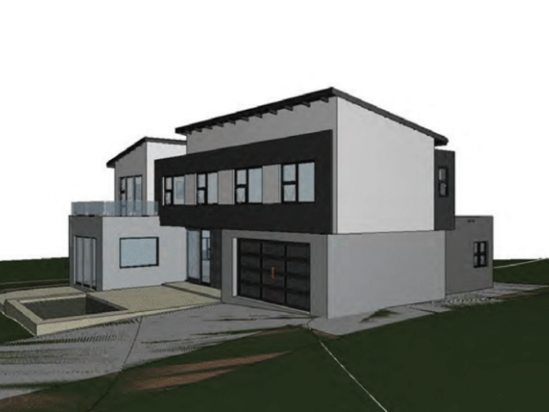 A 3D architectural render of a modern two-story house featuring a garage, balcony with glass balustrade, and contemporary exterior finishes.