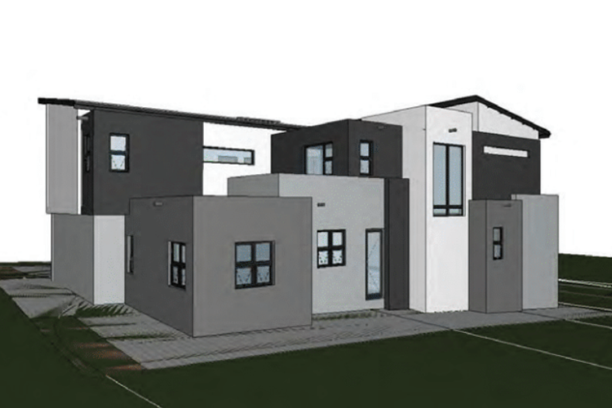 A 3D architectural render showing the modern exterior facade of a multi-level residential property with a contemporary design.