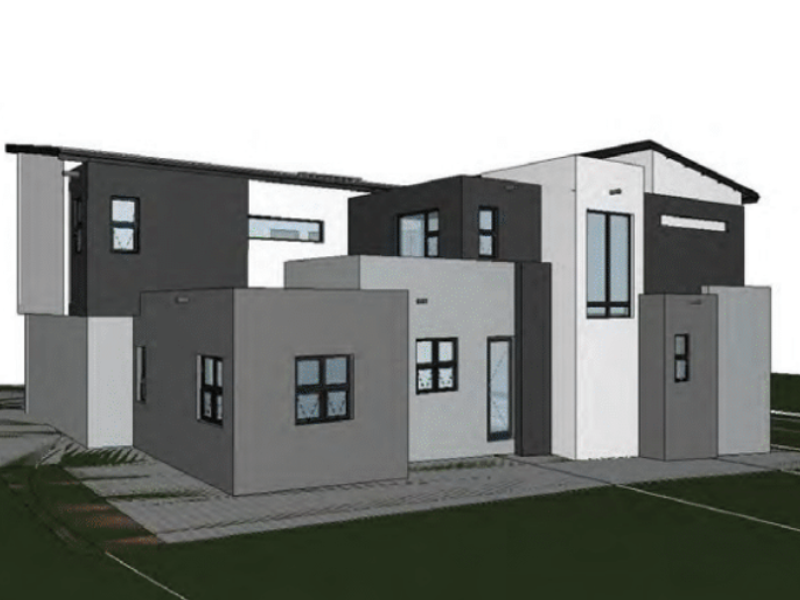 A 3D architectural render showing the modern exterior facade of a multi-level residential property with a contemporary design.