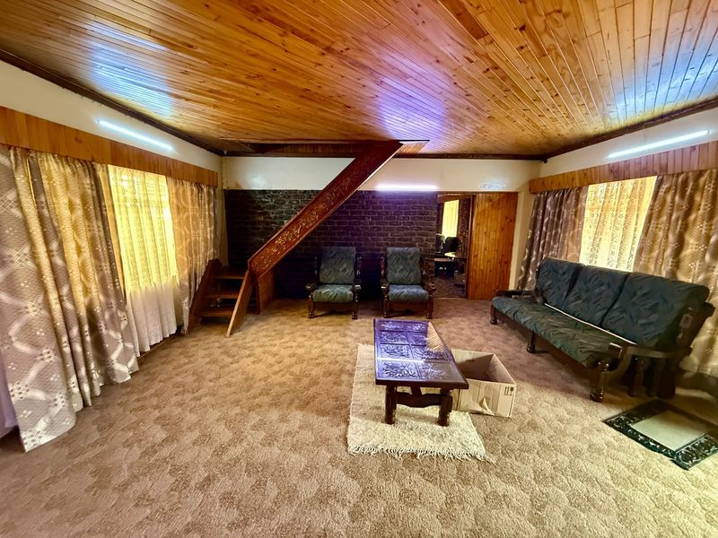 Spacious living area featuring a distinctive timber-clad ceiling, exposed brick wall, and an integrated timber staircase leading to an upper level.