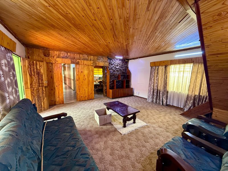 Spacious living room featuring a vaulted timber-clad ceiling, stone-clad feature wall, and extensive timber paneling throughout.