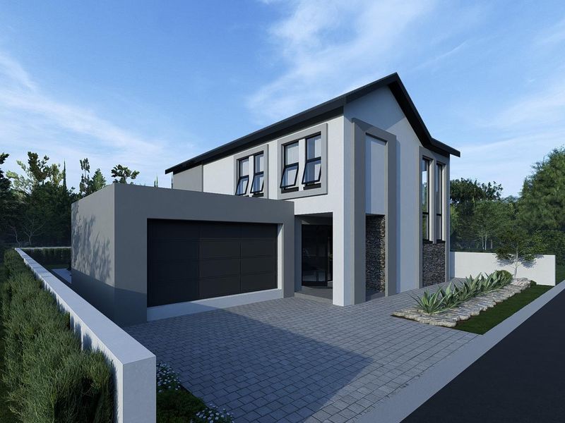 Modern double-story residential facade featuring stone cladding, a paved driveway, and an integrated double garage.
