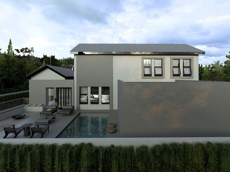 Rear view of a modern two-story house featuring a swimming pool, paved patio area, and landscaped garden surroundings.