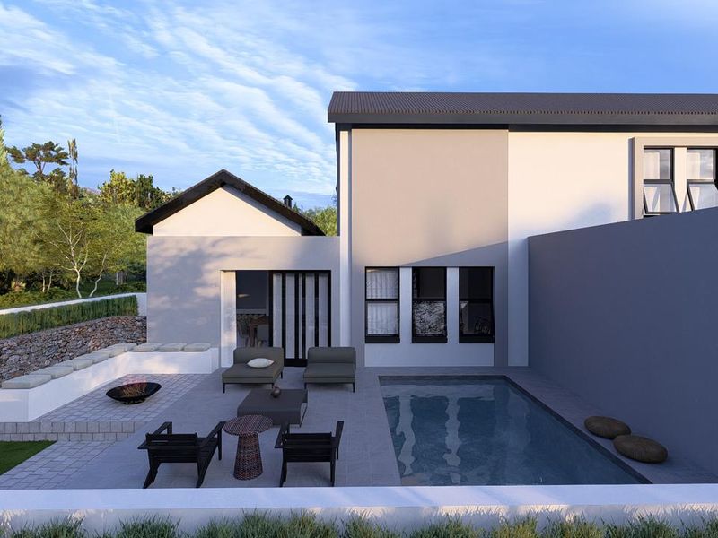 Rear exterior view featuring a modern paved patio, built-in seating area, and a swimming pool set against a landscaped garden.