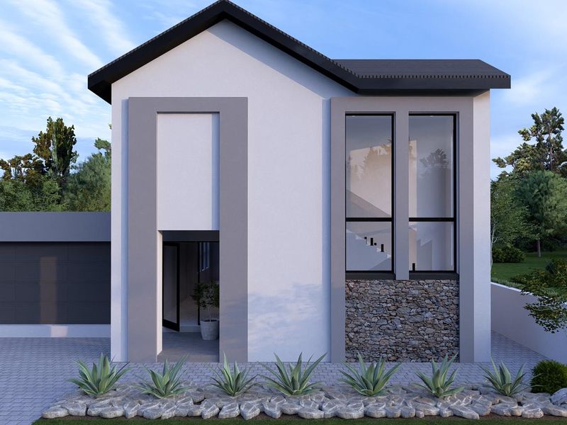 Modern front elevation featuring stone cladding, large double-height windows, and a paved driveway, showcasing a contemporary architectural design.
