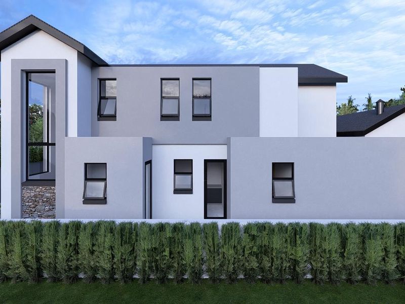 A modern two-story residential exterior featuring clean lines, stone cladding accents, and well-maintained hedging in the foreground.