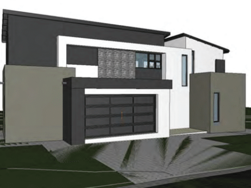 A 3D architectural rendering of a modern double-story house featuring a contemporary facade, stone accents, and a double garage.