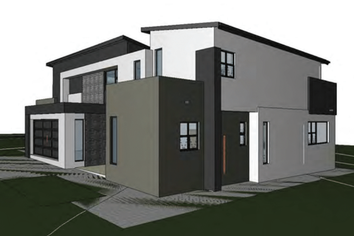 A 3D architectural rendering of a modern double-storey house featuring a contemporary facade, flat roof design, and integrated garage.