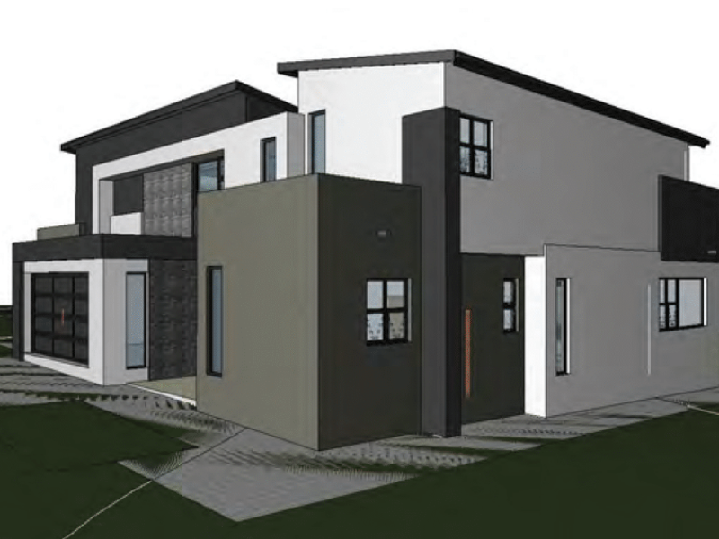 A 3D architectural rendering of a modern double-storey house featuring a contemporary facade, flat roof design, and integrated garage.