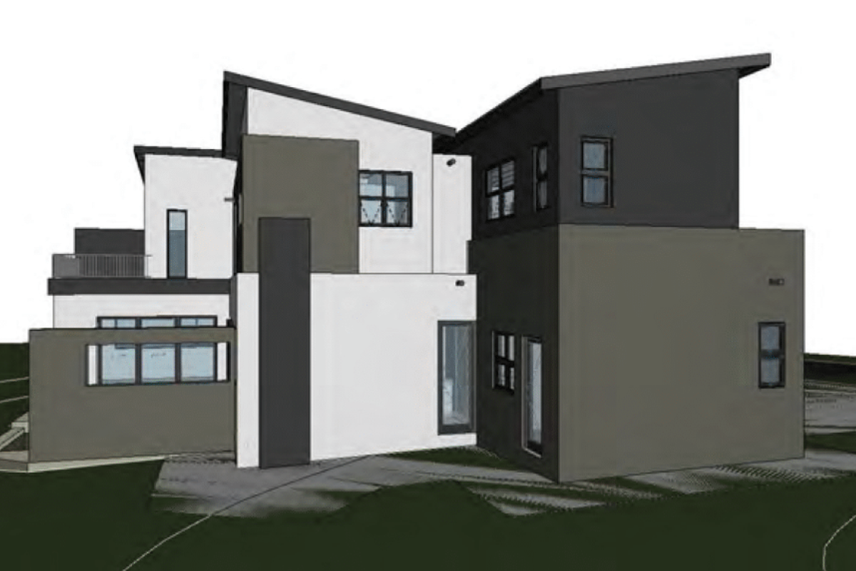 A 3D architectural rendering of a modern multi-level residential property featuring a contemporary design with a skillion roof and clean geometric lines.