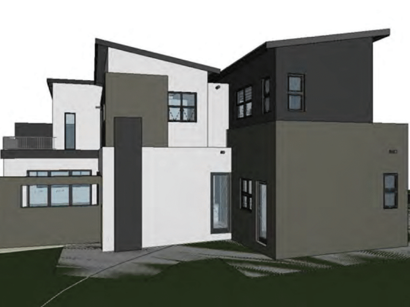 A 3D architectural rendering of a modern multi-level residential property featuring a contemporary design with a skillion roof and clean geometric lines.