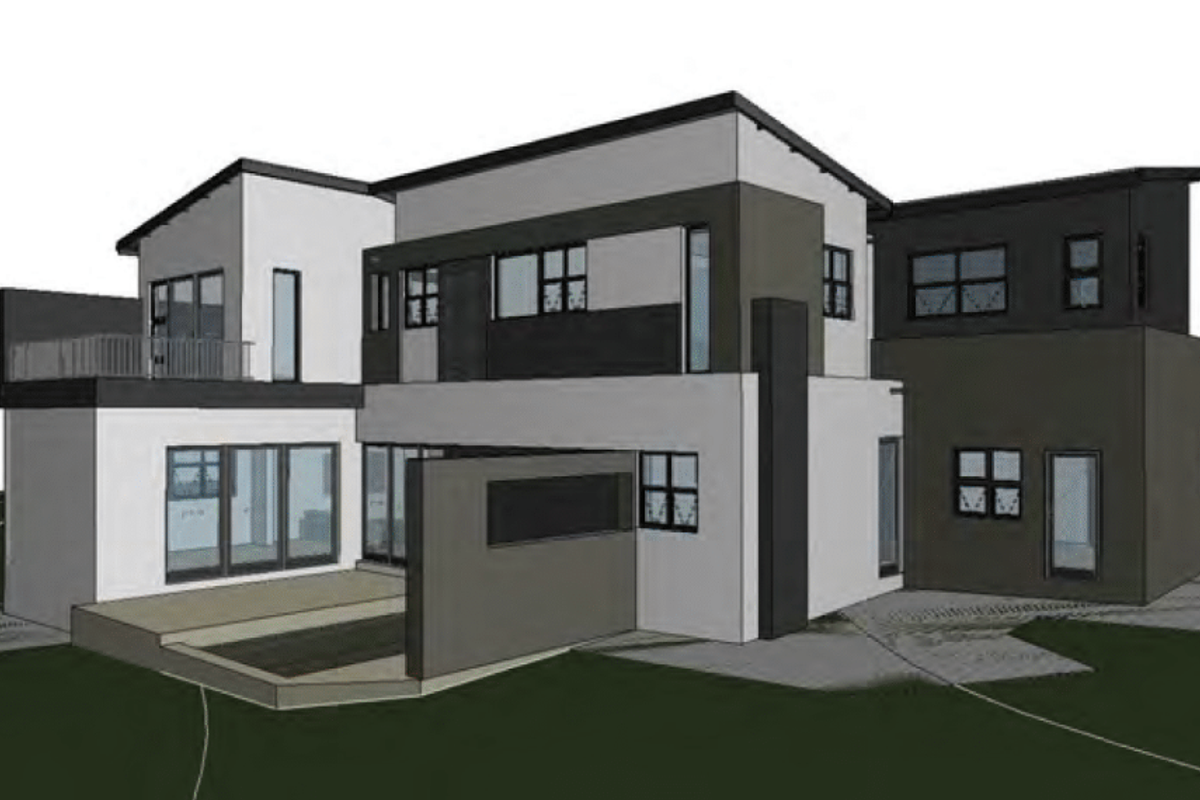 A 3D architectural rendering of a modern multi-level residential property featuring a rear patio, balcony, and contemporary facade design.