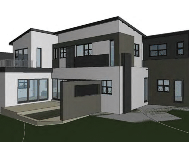 A 3D architectural rendering of a modern multi-level residential property featuring a rear patio, balcony, and contemporary facade design.