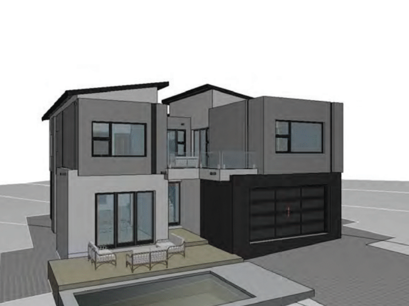 A 3D architectural render of a modern double-storey house featuring a garage, swimming pool, and balcony.