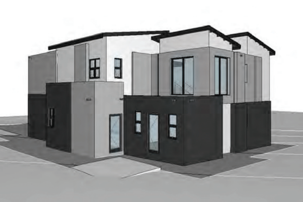 A 3D architectural rendering of a modern, multi-level residential property featuring a contemporary facade with contrasting grey and white tones.