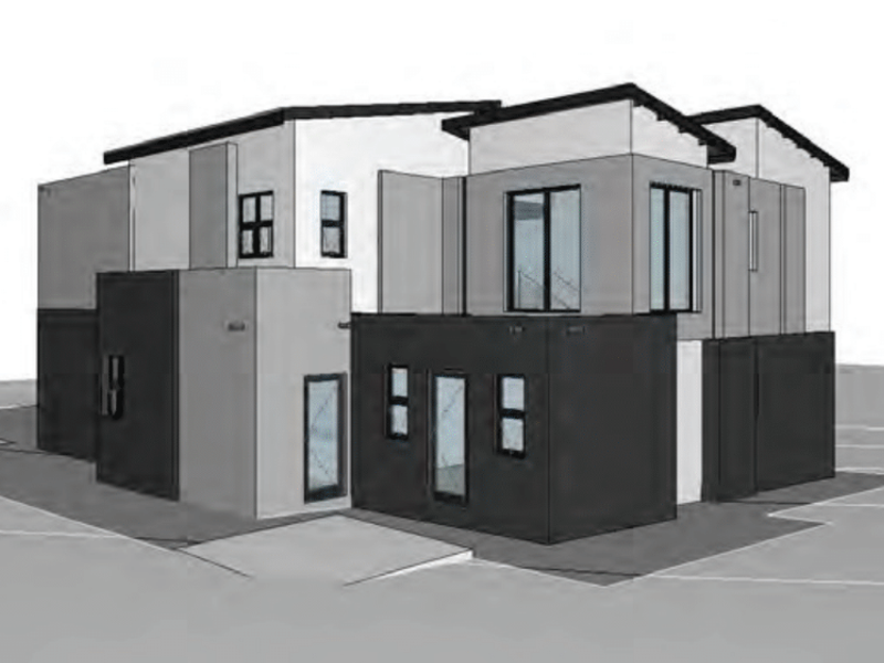 A 3D architectural rendering of a modern, multi-level residential property featuring a contemporary facade with contrasting grey and white tones.