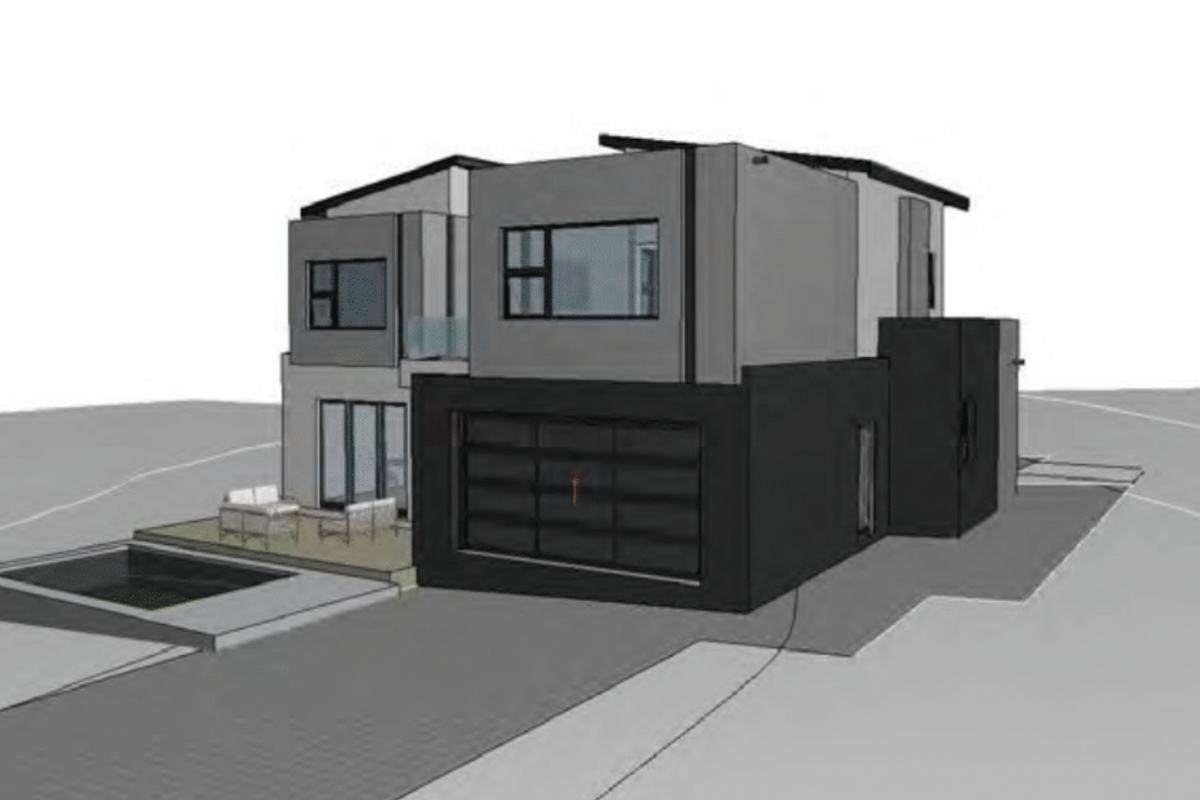A 3D architectural render of a modern double-story house featuring a garage, swimming pool, and patio area.