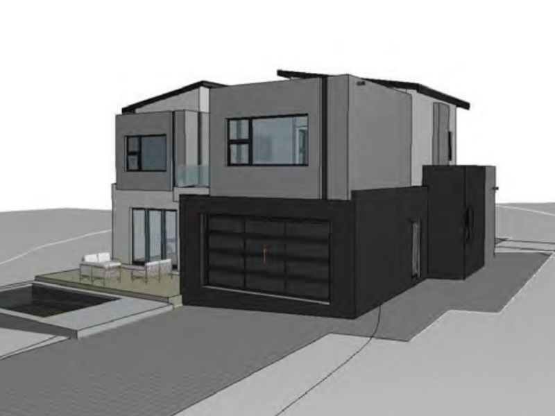 A 3D architectural render of a modern double-story house featuring a garage, swimming pool, and patio area.