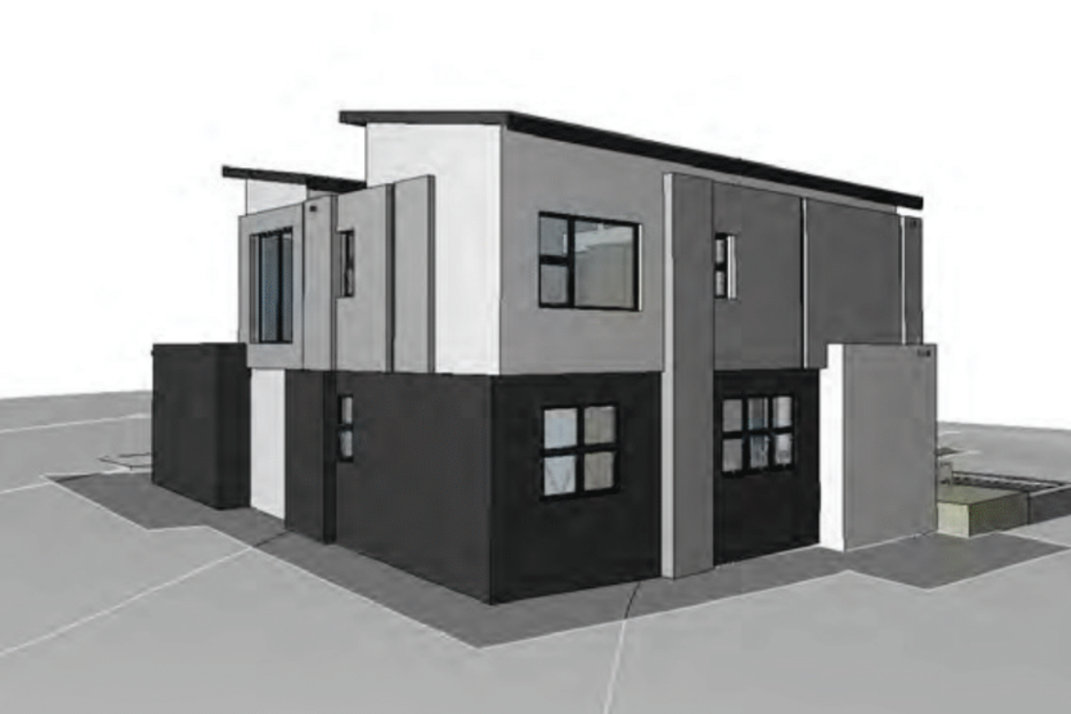 A 3D architectural render of a modern two-story residential house featuring a contemporary facade and clean geometric lines.