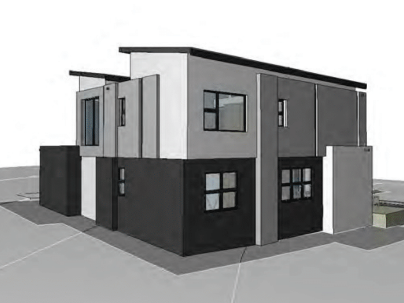 A 3D architectural render of a modern two-story residential house featuring a contemporary facade and clean geometric lines.