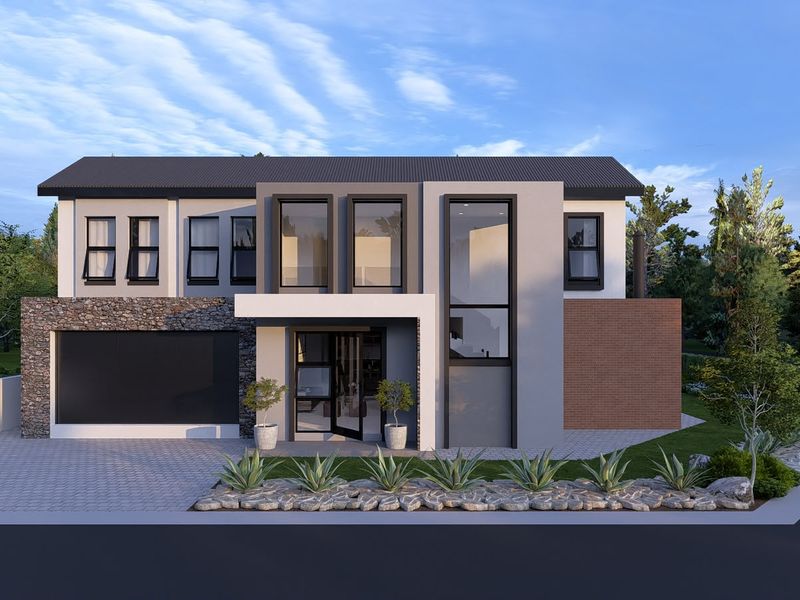 Modern two-story residential facade featuring a combination of stone, brick, and smooth render finishes with a paved driveway and integrated garage.