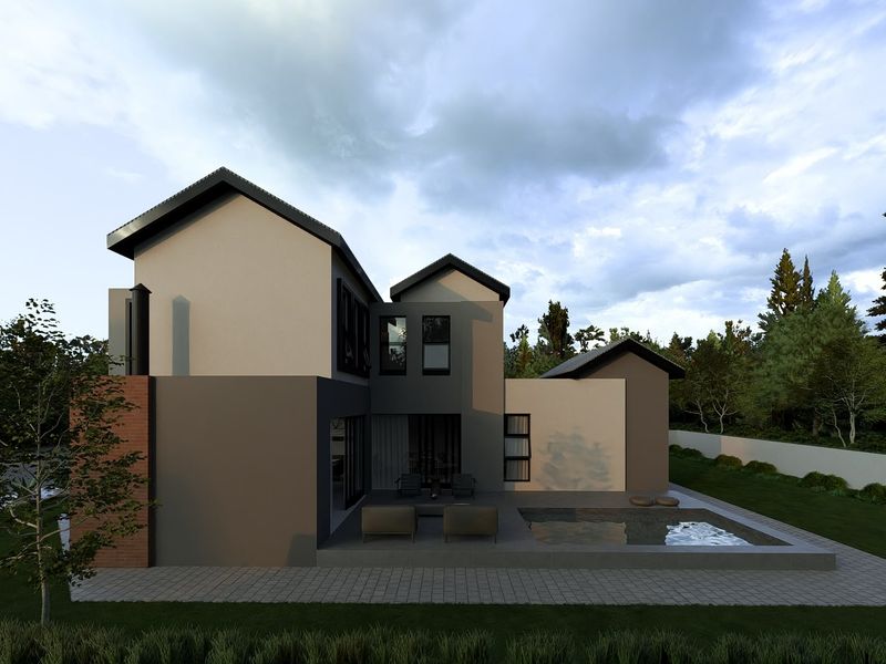 Rear view of a modern two-story house featuring a paved patio area, a swimming pool, and a contemporary architectural design.