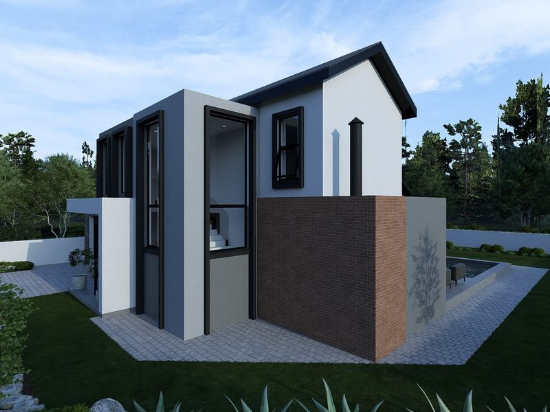 A modern architectural rear elevation featuring a combination of brick and rendered finishes, large windows, and a paved patio area.