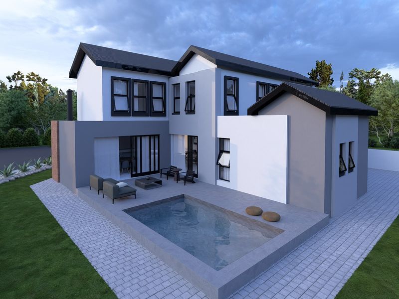 Rear view of a modern two-story house featuring a paved patio area, a swimming pool, and contemporary architectural finishes.