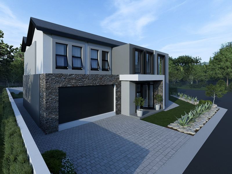 Modern double-storey residential facade featuring stone cladding, a double garage, and a paved driveway with landscaped garden borders.