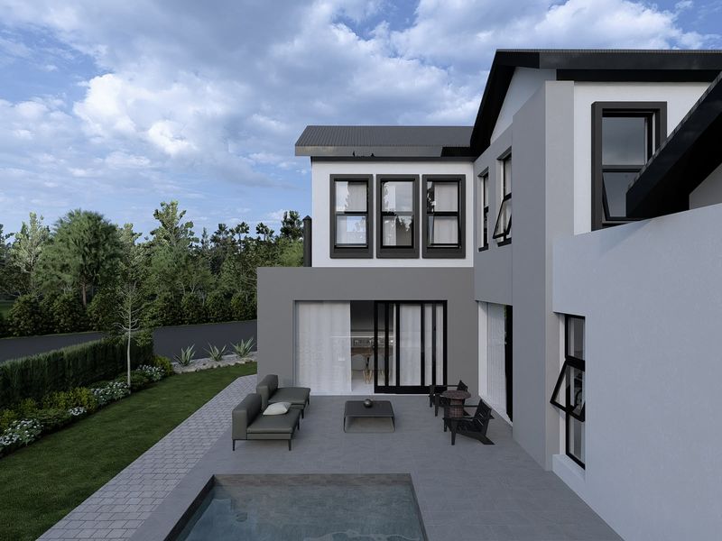 Modern double-story rear elevation featuring a paved patio, swimming pool, and large sliding glass doors connecting to the interior living space.