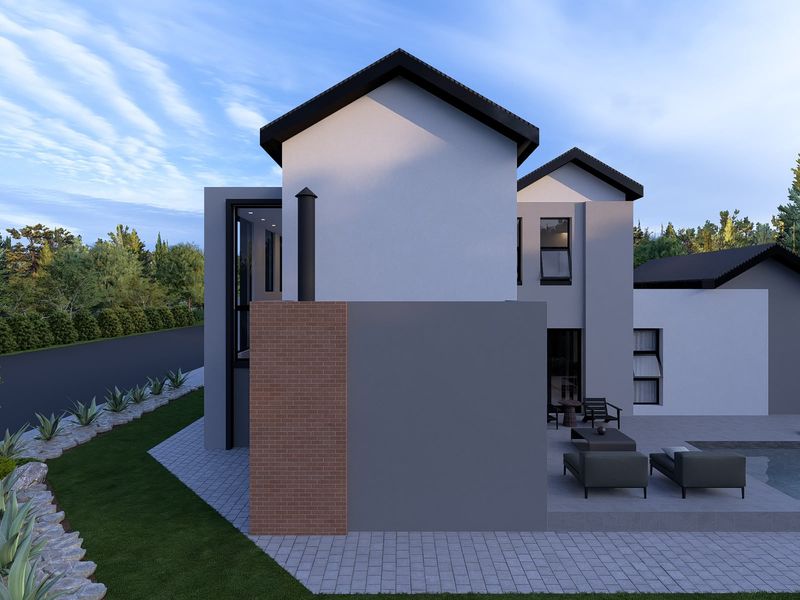 A modern rear elevation featuring a paved patio area, swimming pool, and a prominent brick chimney stack set against a landscaped garden.