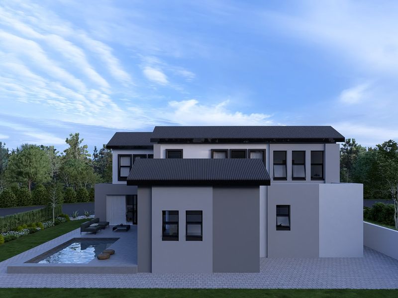 Rear view of a modern two-story house featuring a swimming pool, paved patio area, and contemporary architectural design with dark roof finishes.