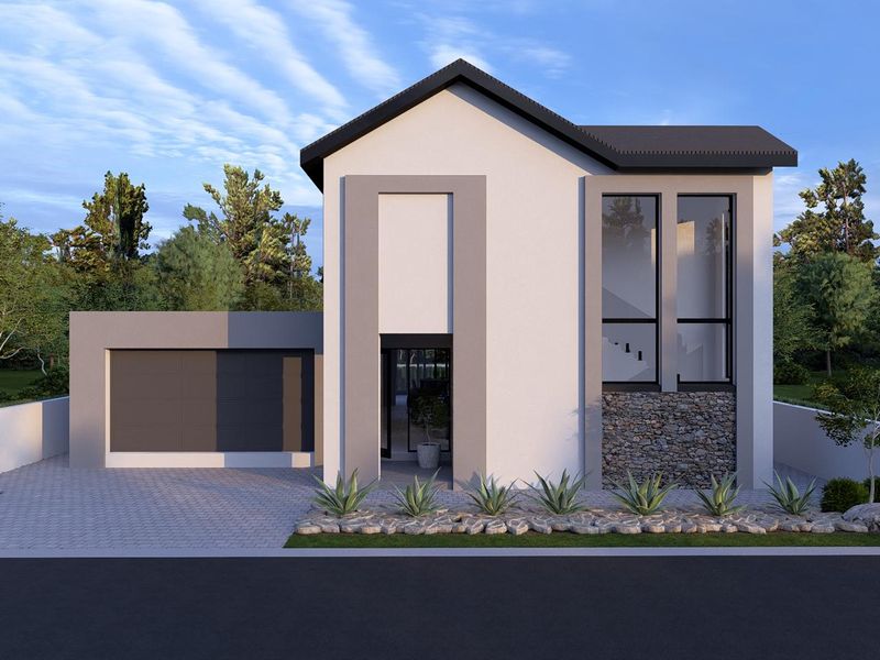 Modern double-story residential facade featuring stone cladding, large windows, and an integrated double garage with a paved driveway.