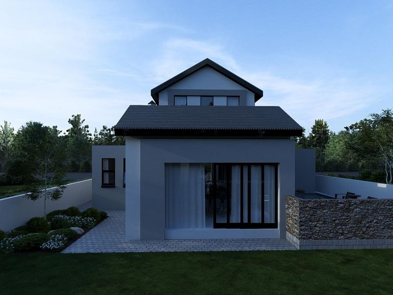 Rear view of a modern house featuring a pitched roof, sliding glass doors, stone-clad wall, and a paved patio area leading to the garden.