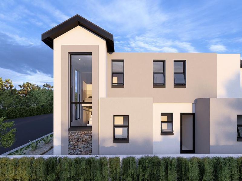 A modern two-story residential facade featuring clean lines, stone cladding accents, and contemporary window design.