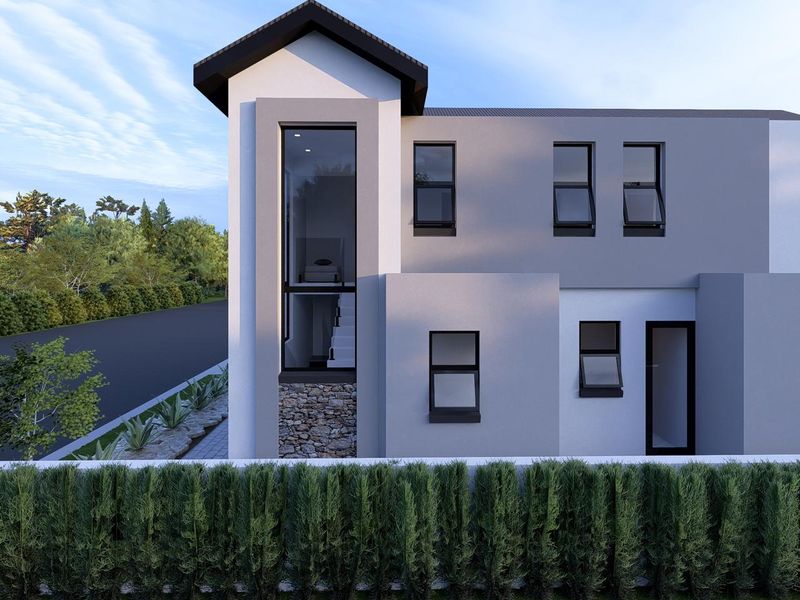 Modern two-story residential facade featuring clean lines, stone cladding accents, large vertical windows, and a well-maintained hedge boundary.
