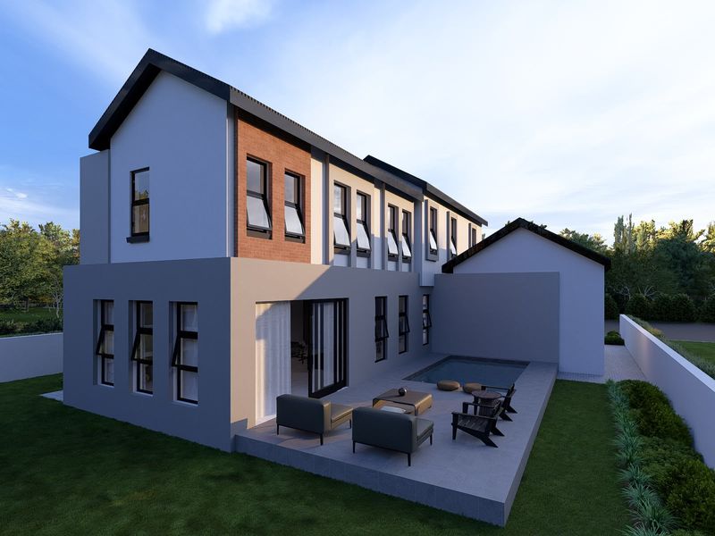 Rear view of a modern two-story house featuring a tiled patio, integrated swimming pool, and contemporary architectural finishes with large windows.