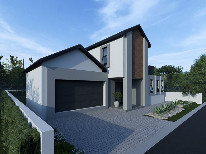 A modern architectural rendering of a residential property featuring a paved driveway, integrated garage, and contemporary facade design.