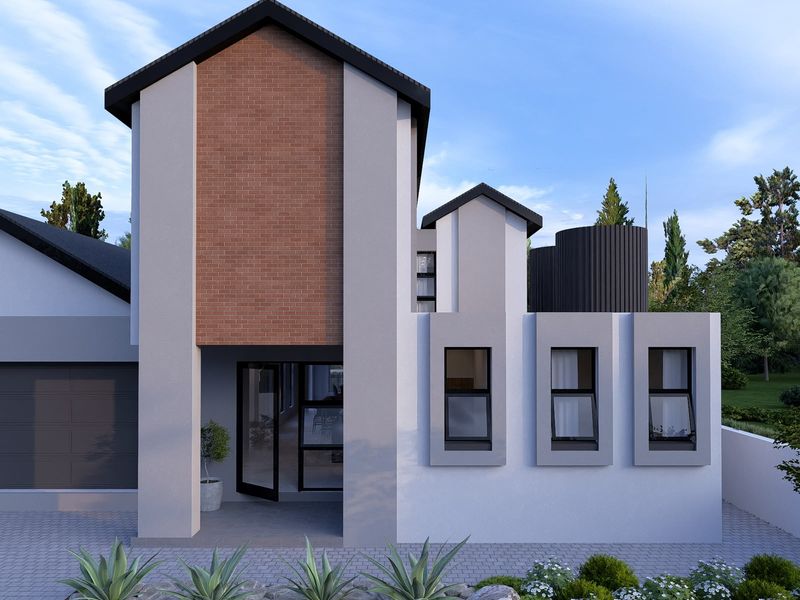 Modern architectural front elevation featuring a combination of brick and rendered finishes, integrated garage, and contemporary window design.