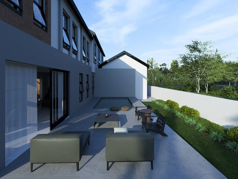 A modern outdoor patio area featuring a swimming pool, tiled flooring, and direct access to the home through large sliding glass doors.